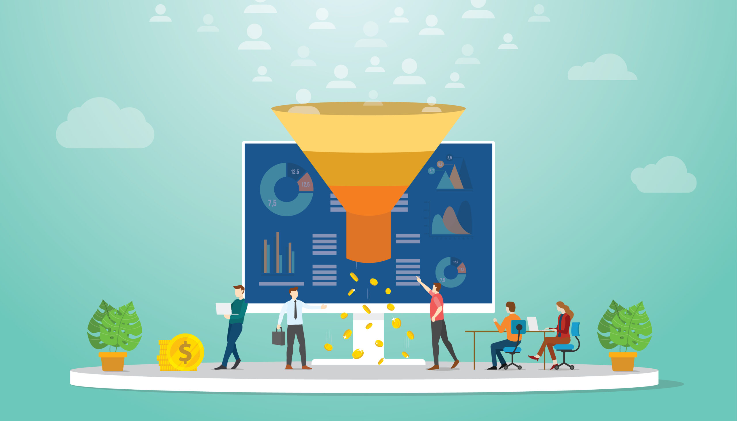Illustration of a team using AI tools for B2B sales funnel and follow-up strategies.