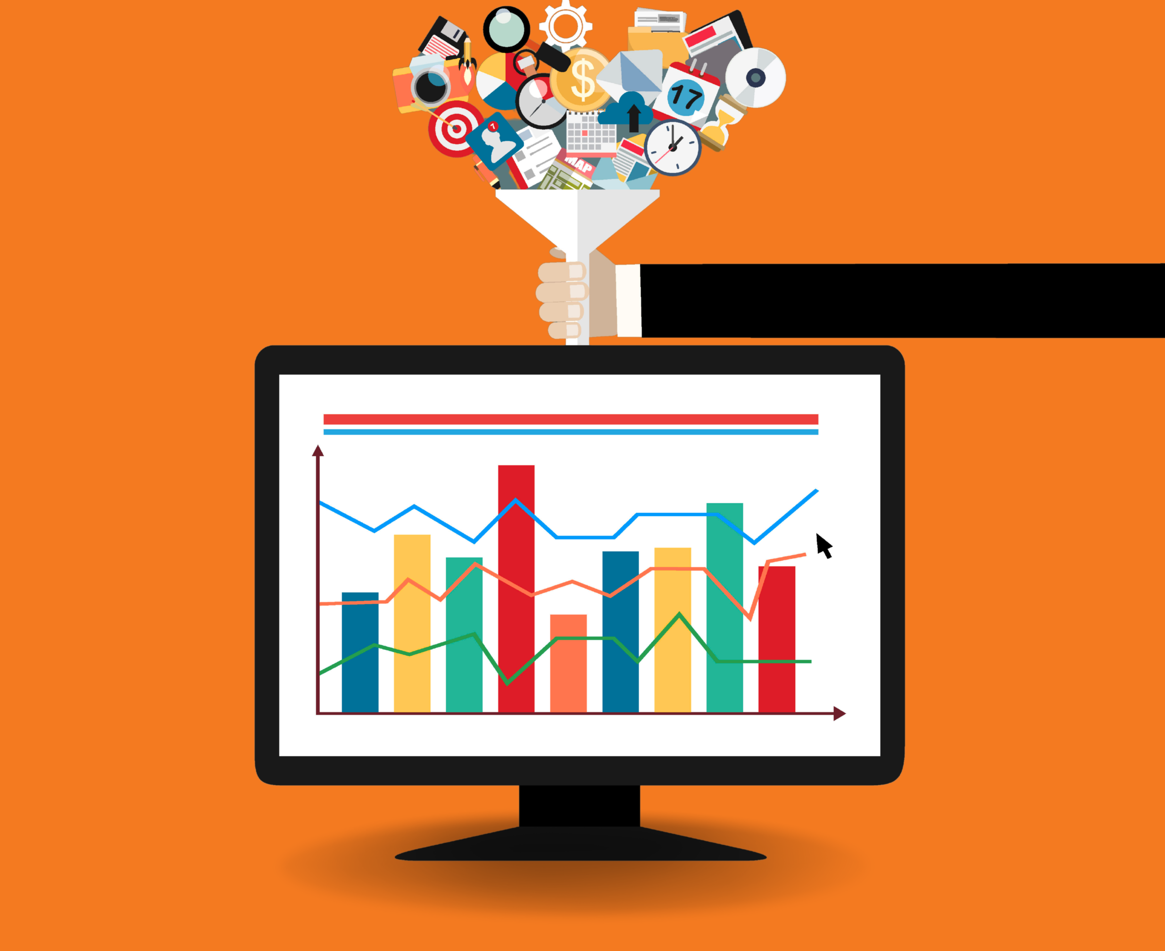 A hand holds a funnel of marketing icons pouring data into a computer displaying colorful analytic charts.