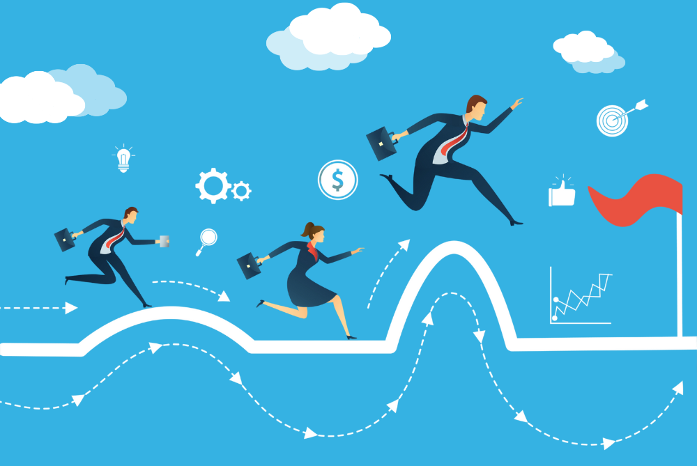 Businesspeople running along a challenging path symbolizing longer, harder modern sales cycles.